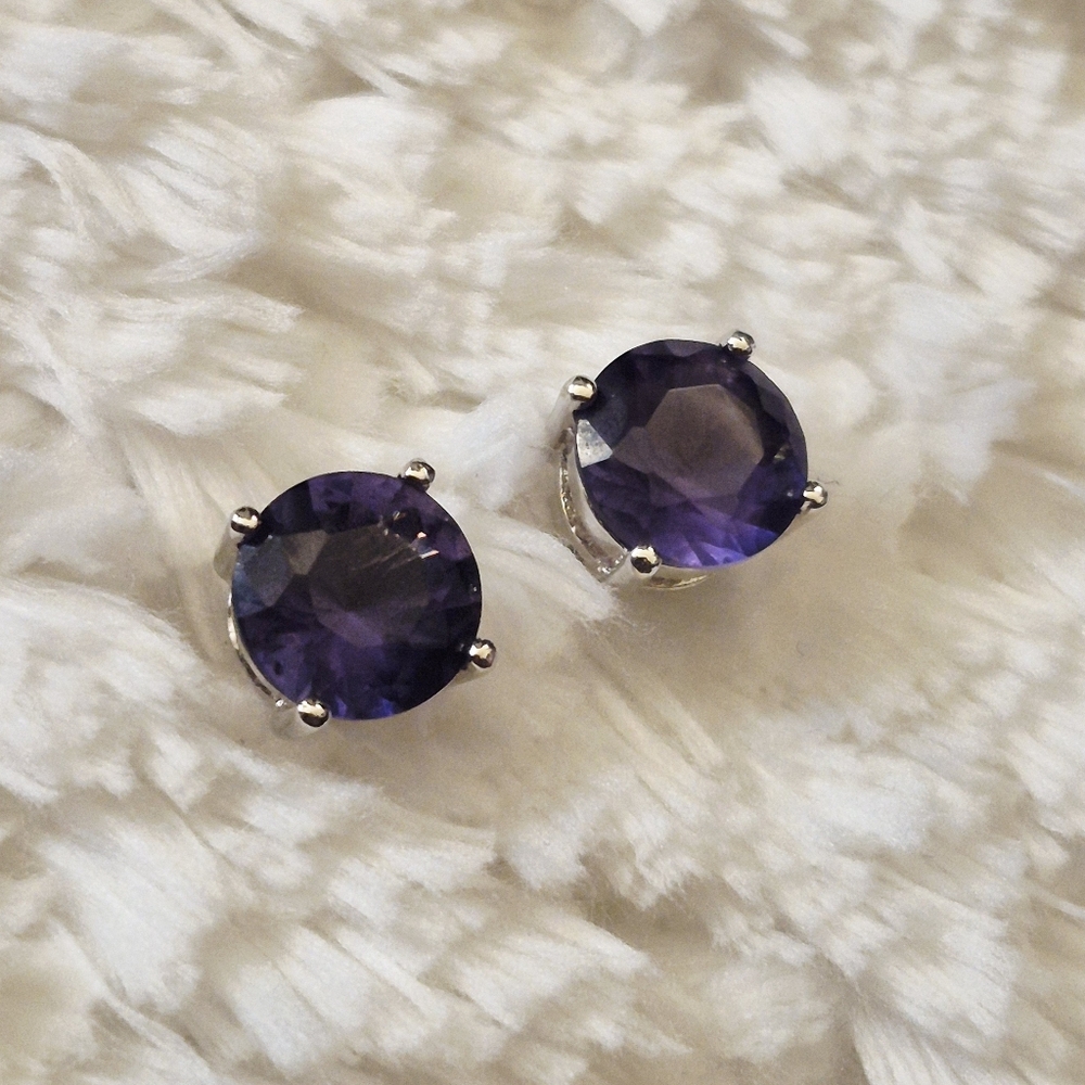 Sterling Silver Round Faceted Amethyst Stud Earrings View 6